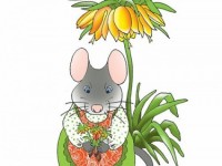 милая мышка в переднике с цветами в лапках